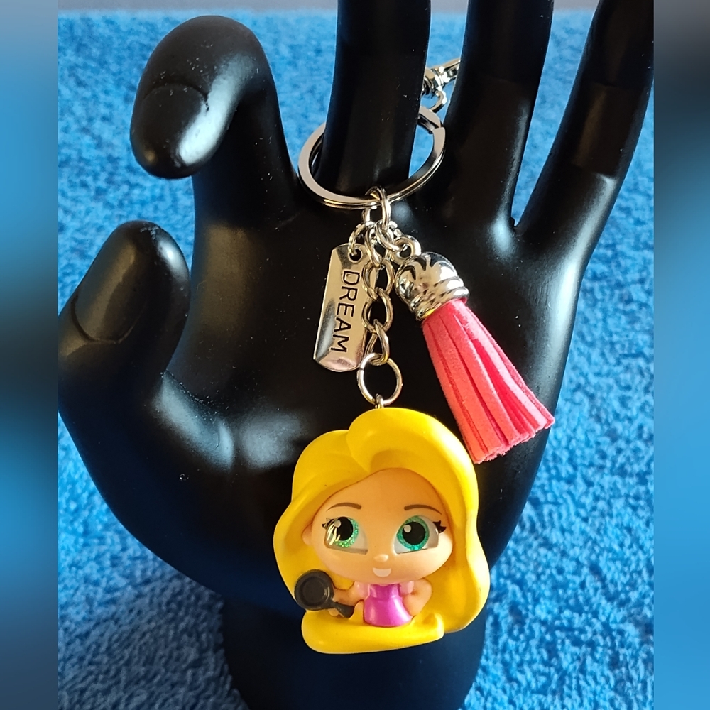 Kids Character Rapunzel Keychain Bag Charm - Yellow Hair, Pink Tassel